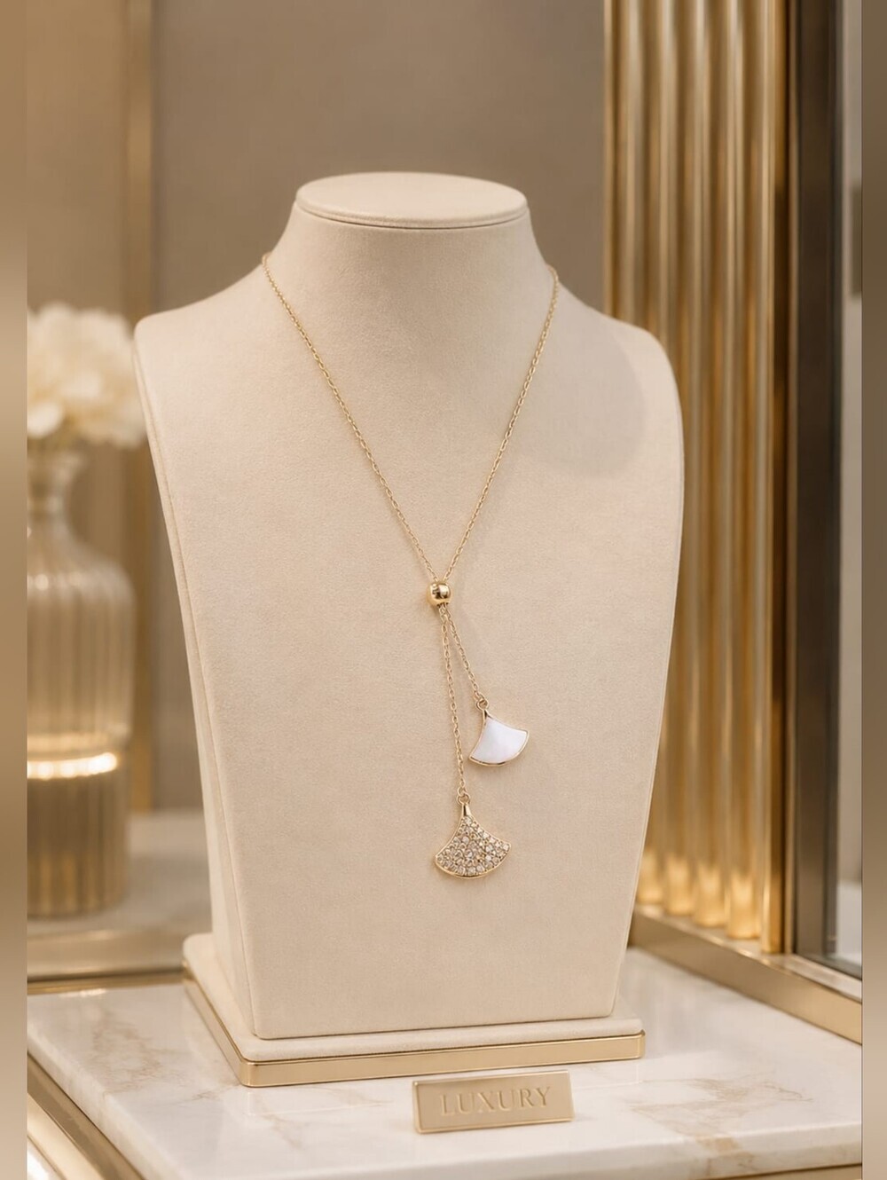 Gold Double Crescent Drop Necklace